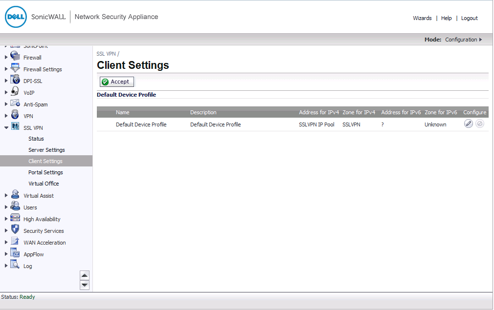 SonicOS 5.9.0.0 SSL VPN Client Settings Page