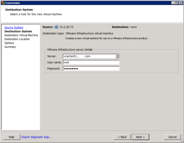 Enter Credentials to Connect to the Destination vCenter System