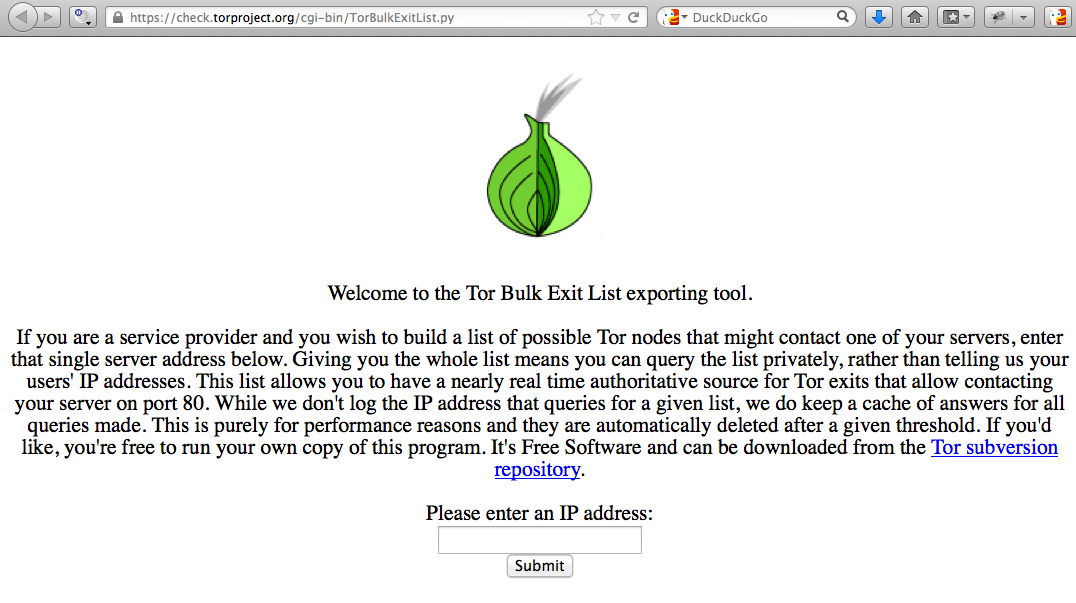 Block Tor network exit nodes - Tor Bulk Exit List exporting tool webpage